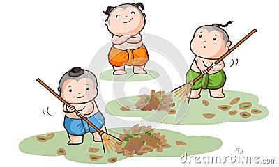 Three Thai kids sweep the leaves Vector Illustration