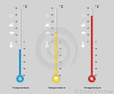 Three thermometers with different temperatures, measure diagnostic, cold, medium, hot Stock Photo