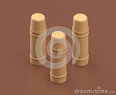 Three thermos side by side on the brown background, monochrome single flat colors, 3d rendering, camping equipments Stock Photo