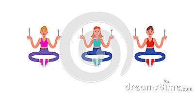 Three thin women sit with a fork and a knife in their hands. Set of hungry women. Vector illustration Cartoon Illustration