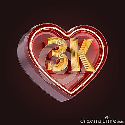 Three thousand or 3k follower celebration love icon neon glow lighting 3d render Stock Photo