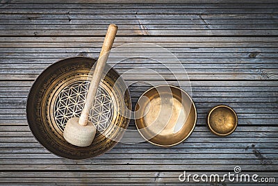 Three Tibetan bowls arranged from largest to smallest Stock Photo