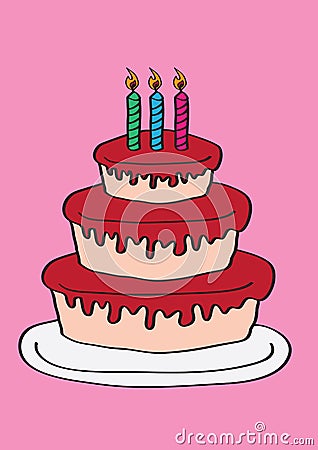 Three Tier Birthday Cake with Three Candles Vector Illustration