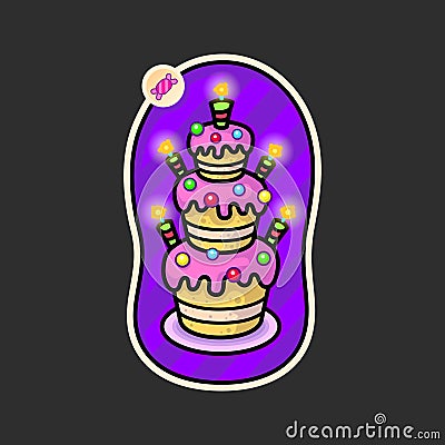 Three-tier cake with caramel, pink icing and bright candles on a purple background. Sticker in cartoon style. Vector illustration Vector Illustration