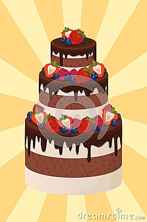 Three-Tier Cake with Chocolate and Cream Layers Vector Illustration