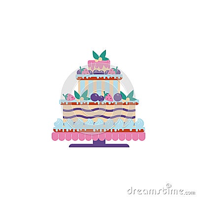 Three tier cake decorated with cream and fruits. Vector Illustration