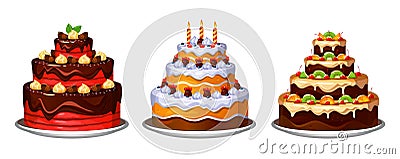 Three tier delicious homemade cakes with decor Vector Illustration