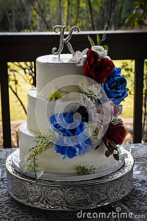 Three Tier White Wedding Cake Stock Photo