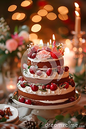 Three Tiered Cake on Table Stock Photo