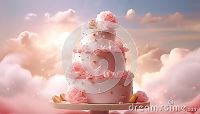 Three-tiered pink and white wedding cake decorated with rose flowers on sky clouds background. Wedding baked sweet dessert. Copy Stock Photo