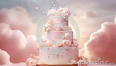 Three-tiered pink and white wedding cake decorated with rose flowers on sky clouds background. Wedding baked sweet dessert. Copy Stock Photo