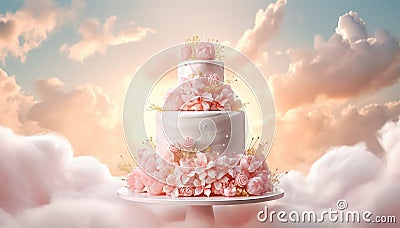 Three-tiered pink and white wedding cake decorated with rose flowers on sky clouds background. Wedding baked sweet dessert. Copy Stock Photo