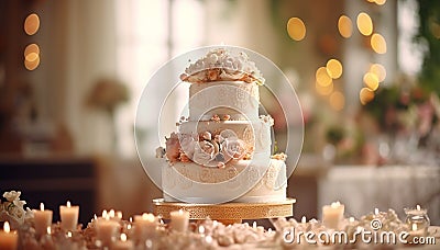 Three-tiered pink and white wedding cake decorated with rose flowers on table on party restaurant background. Wedding baked sweet Stock Photo