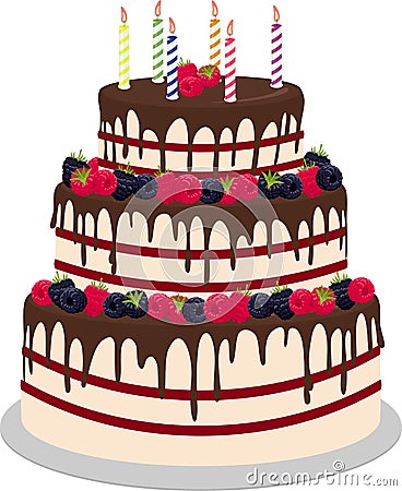 Three-tiered wedding or birthday cake in chocolate, decorated with paspberries and blueberries isolated on a white Vector Illustration