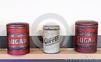 Three tin cans coffee and sugar Stock Photo