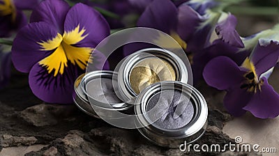 three tins of silver and gold sitting on a rock with purple flowers in the background and a yellow and purple flower in the Stock Photo