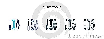 Three tools icon in different style vector illustration. two colored and black three tools vector icons designed in filled, Vector Illustration