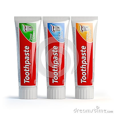 Three toothpaste containers on white isolated background. Cartoon Illustration