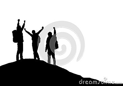 Three tourists with backpacks on top of a mountain rejoice in success Vector Illustration