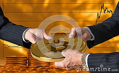 Three traders hands holding large bitcoin Stock Photo