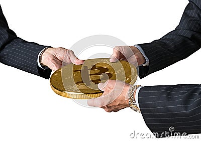 Three traders hands holding large bitcoin Stock Photo