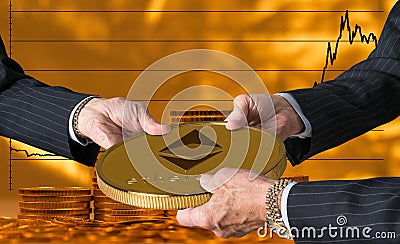 Three traders hands holding large ether or ethereum coin Editorial Stock Photo