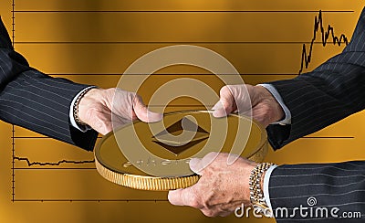 Three traders hands holding large ether or ethereum coin Editorial Stock Photo