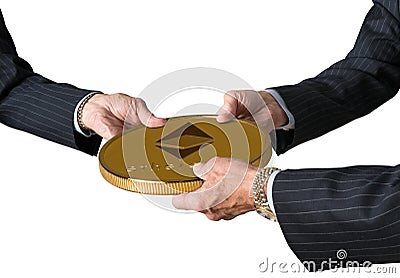 Three traders hands holding large ether or ethereum coin Editorial Stock Photo