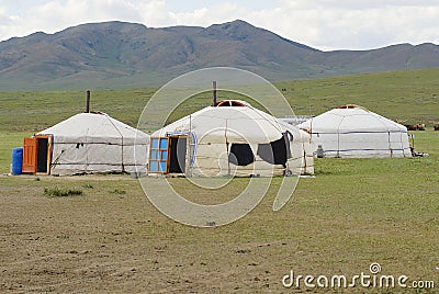 Three traditional Mongolian yurts in steppe, circa Harhorin, Mongolia. Editorial Stock Photo