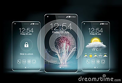 Three transparent smartphone on blue color background Stock Photo