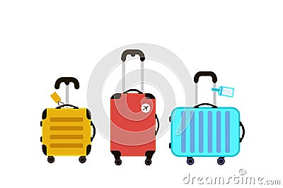 Three Travel Suitcases. Time to travel. Trip to World. Vacation. Holidays. Travel banner. Yellow, red and blue bags Vector Illustration