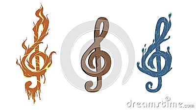 Three treble clefs, fire, water and wood. Unusual key. Graphic resource on a musical theme. Interesting music, notes, treble clef Stock Photo