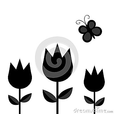 Three tulip flower set with leaf and flying butterfly insect black silhouette shape form. Simple sticker template. Floral plant de Vector Illustration