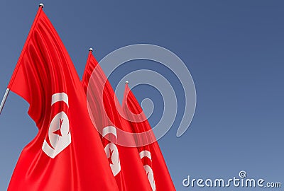 Three Tunisian flags on flagpole on blue background. Place for text. The flag is unfurling in wind. North Africa. 3D illustration Cartoon Illustration