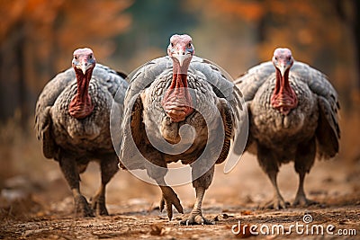 Three turkeys in the autumn forest. Photo in old color image style Stock Photo