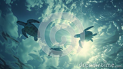 Three turtles swimming in the water under a blue sky, AI Stock Photo