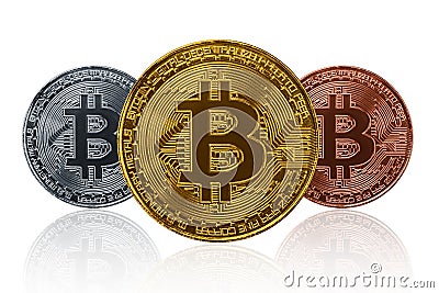 Three type of Bitcoin isolated on white Stock Photo