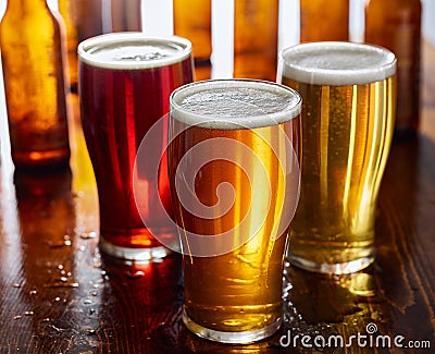 Three types of beer, red ale, IPA, and stout Stock Photo