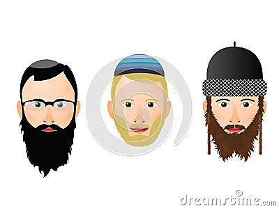 Illustration of various faces and headgear in Jewish religious men Stock Photo