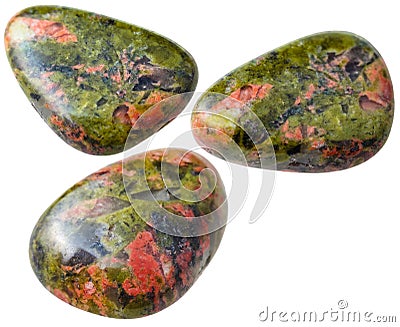 Three Unakite gemstones isolated on white Stock Photo