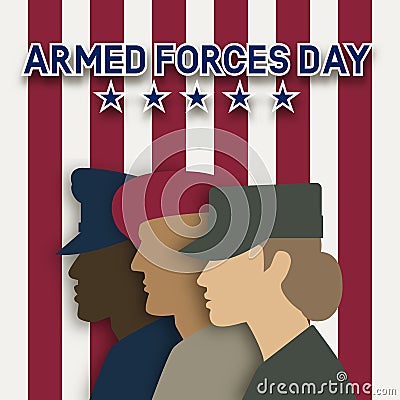 Three uniformed soldiers on striped background. Armed forces day card Vector Illustration