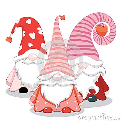 Three Valentine gnomes with hearts Vector Illustration