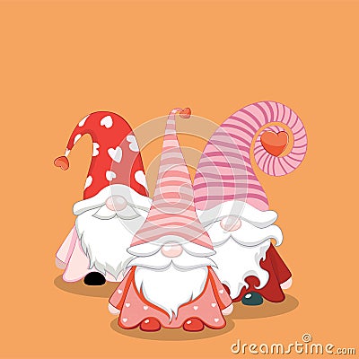 Three Valentine gnomes with hearts Vector Illustration