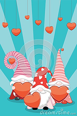 Three Valentine gnomes with hearts Vector Illustration