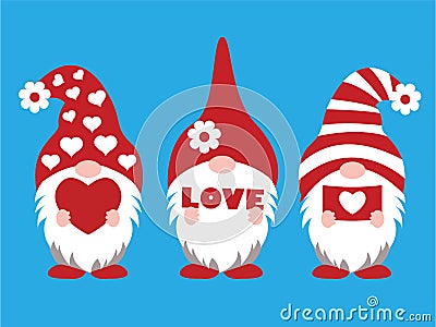 Three Valentine gnomes hold different things in their hands: love letter, and heart. Vector illustration on blue background Vector Illustration