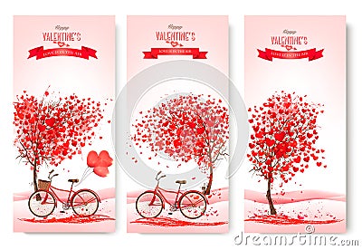 Three valentine's day banners with pink trees Vector Illustration