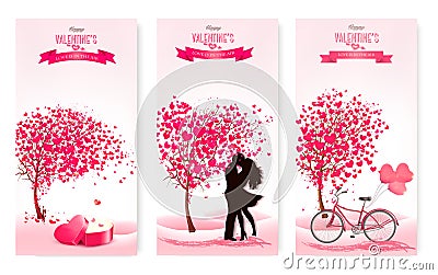 Three valentine`s day banners with pink trees and hearts. Vector Illustration