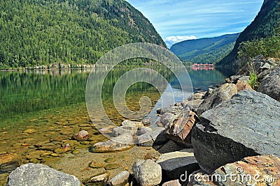 Three Valley Lake and Gap in the Monashee Mountains west of Revelstoke, British Columbia Stock Photo