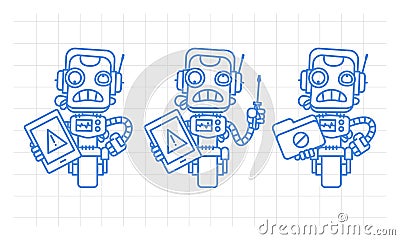 Three variants robot character holding tablet screwdriver folder Vector Illustration