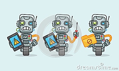 Three variants robot character holding tablet screwdriver folder Vector Illustration